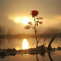 a red rose is standing in the water at sunset generative ai photo