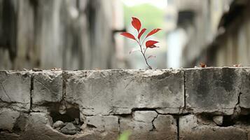 a red plant growing out of a crack in a wall generative ai photo