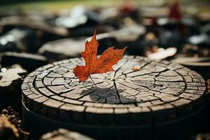 a red maple leaf sits on top of a pile of wood generative ai photo