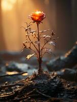 a red rose is growing out of the ground in the woods generative ai photo