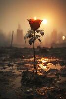 a red rose with a candle in the middle of a field generative ai photo