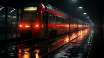 a red train is driving down the tracks at night generative ai photo