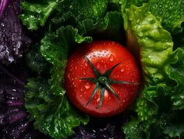 a red tomato sits on top of a green leafy vegetable generative ai photo