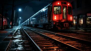 a red train on the tracks at night generative ai photo