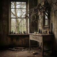 a room with a table and a mirror in it generative ai photo