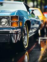 a row of classic cars parked on a wet street generative ai photo