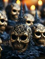 a row of skulls with candles in front of them generative ai photo