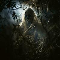 a scary ghost in the dark with a long white hair generative ai photo