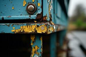 a rusty blue bench with yellow paint on it generative ai photo