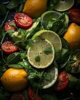 a salad with tomatoes avocado and lemon slices generative ai photo