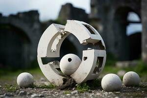 un escultura hecho fuera de hormigón con un pelota en el medio generativo ai foto