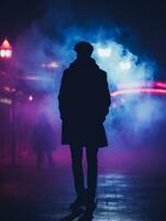 a silhouette of a man standing in front of neon lights generative ai photo