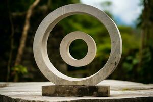 a sculpture of a circular object sitting on top of a concrete block generative ai photo