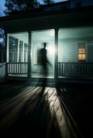 a silhouette of a person walking on a porch at night generative ai photo