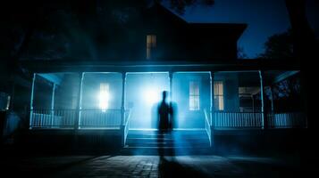 a silhouette of a person standing in front of a house at night generative ai photo