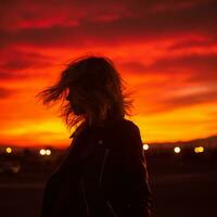 un silueta de un mujer en un negro chaqueta en pie en frente de un naranja puesta de sol generativo ai foto