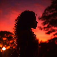 a silhouette of a woman standing in front of a sunset generative ai photo