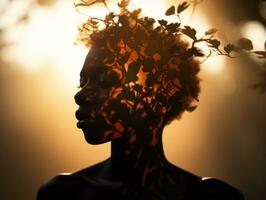 a silhouette of a woman with leaves on her head generative ai photo