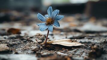 a single blue flower growing out of the ground generative ai photo