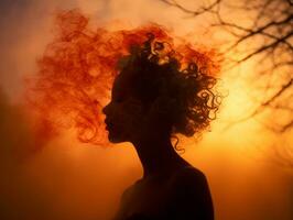 a silhouette of a woman with red smoke coming out of her hair generative ai photo