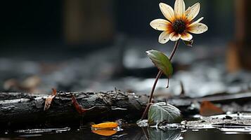 a single flower sits in the middle of a puddle of water generative ai photo