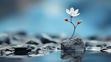 un soltero flor es creciente fuera de un rock en el agua generativo ai foto