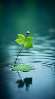 a single green leaf floating on top of the water generative ai photo