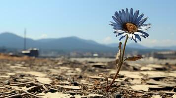 a single blue flower is standing in the middle of a barren field generative ai photo