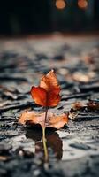 a single leaf sits on the ground in a puddle generative ai photo