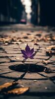 a single purple leaf growing out of a hole in the ground generative ai photo