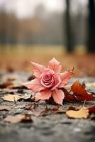 un soltero rosado Rosa tendido en el suelo en frente de hojas generativo ai foto