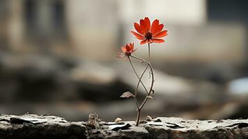 a single red flower growing out of a crack in the ground generative ai photo