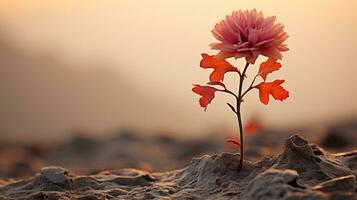 a single red flower is growing out of the ground generative ai photo