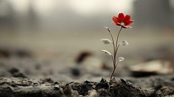 a single red flower is growing out of the ground generative ai photo