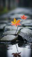 un soltero rojo hoja se sienta en un rock en un charco generativo ai foto