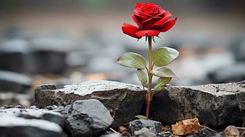 a single red rose growing out of a pile of rocks generative ai photo