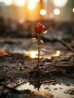 a single red rose growing out of the mud in the middle of a field generative ai photo