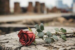 a single red rose laying on the ground generative ai photo