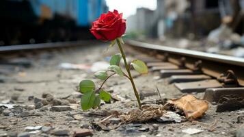 a single red rose is growing out of the ground on the side of a train track generative ai photo