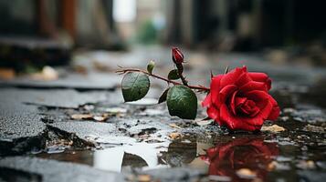 un soltero rojo Rosa se sienta en el suelo en un charco generativo ai foto
