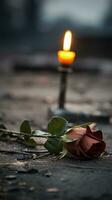 a single red rose laying on the ground next to a lit candle generative ai photo