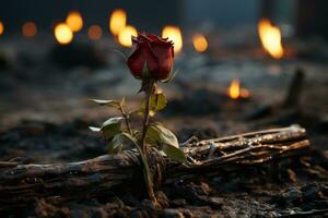 a single red rose sits on the ground in front of burning logs generative ai photo
