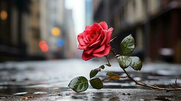 un soltero rojo Rosa en un mojado calle con edificios en el antecedentes generativo ai foto