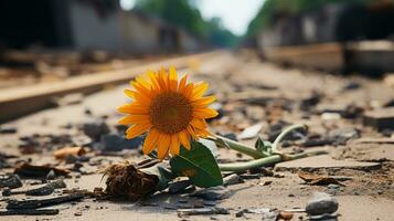 un soltero girasol se sienta en el suelo en frente de un tren pista generativo ai foto