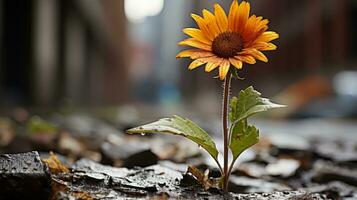 a single sunflower growing out of the ground in the middle of a city street generative ai photo