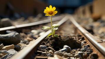 a single yellow flower growing out of the ground on railroad tracks generative ai photo