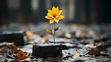 a single yellow flower sits on top of a block of wood generative ai photo