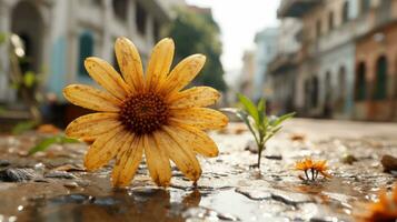 a single yellow flower sits in the middle of a puddle generative ai photo