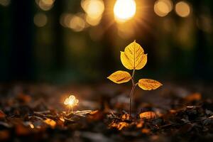 a single yellow leaf in the middle of a forest at sunset generative ai photo