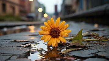 a single yellow flower sits on the ground in the middle of a puddle generative ai photo